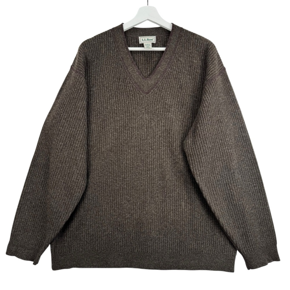 Vintage L.L. Bean Sweater Size L Tall Men Brown V Neck LambsWool Made Hong Kong
